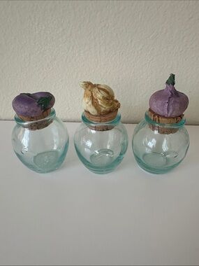 Set of Three Italian Hand Crafted Tinted Glass Jars With Cork Lids